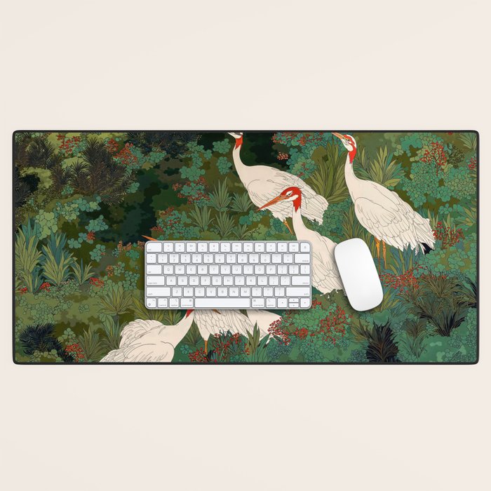 Japandi Wall Art Maximalist japanese chinoiserie Bird wabi sabi green Heron Painting for living room Desk Mat Gallery Image 1