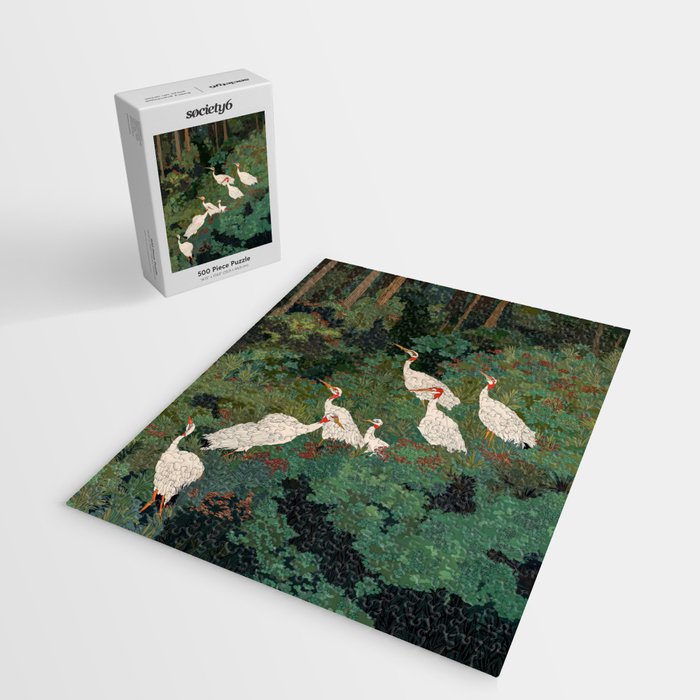 Japandi Wall Art Maximalist japanese chinoiserie Bird wabi sabi green Heron Painting for living room Jigsaw Puzzle Gallery Image 2