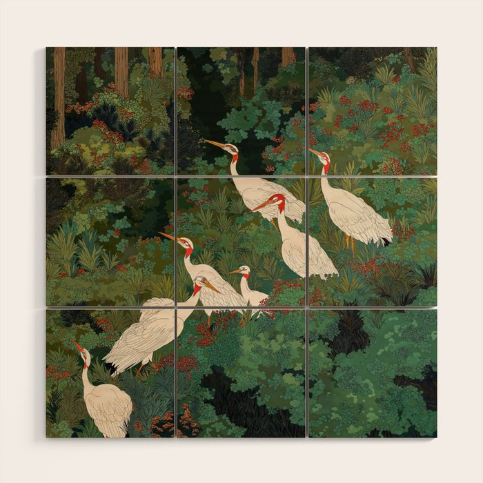 Japandi Wall Art Maximalist japanese chinoiserie Bird wabi sabi green Heron Painting for living room Wood Wall Art Gallery Image 1