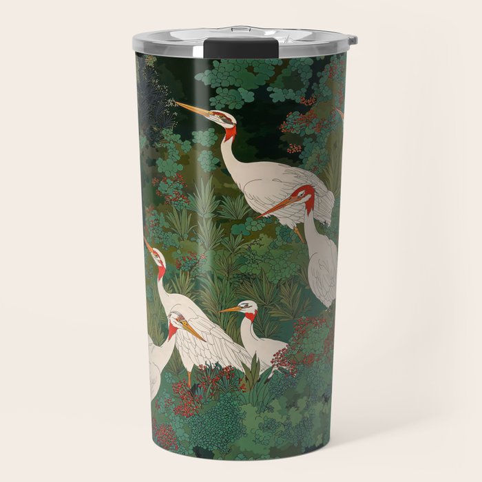 Japandi Wall Art Maximalist japanese chinoiserie Bird wabi sabi green Heron Painting for living room Travel Mug Gallery Image 1
