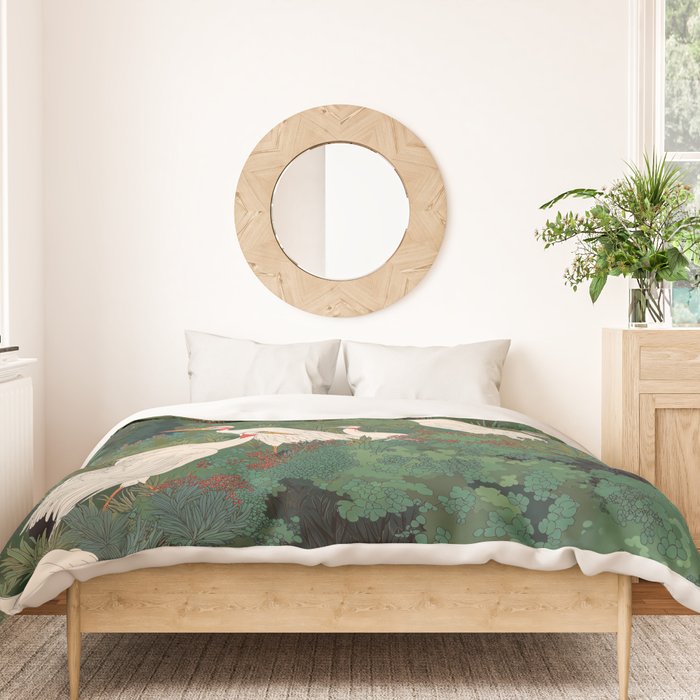 Japandi Wall Art Maximalist japanese chinoiserie Bird wabi sabi green Heron Painting for living room Duvet Cover Gallery Image 3