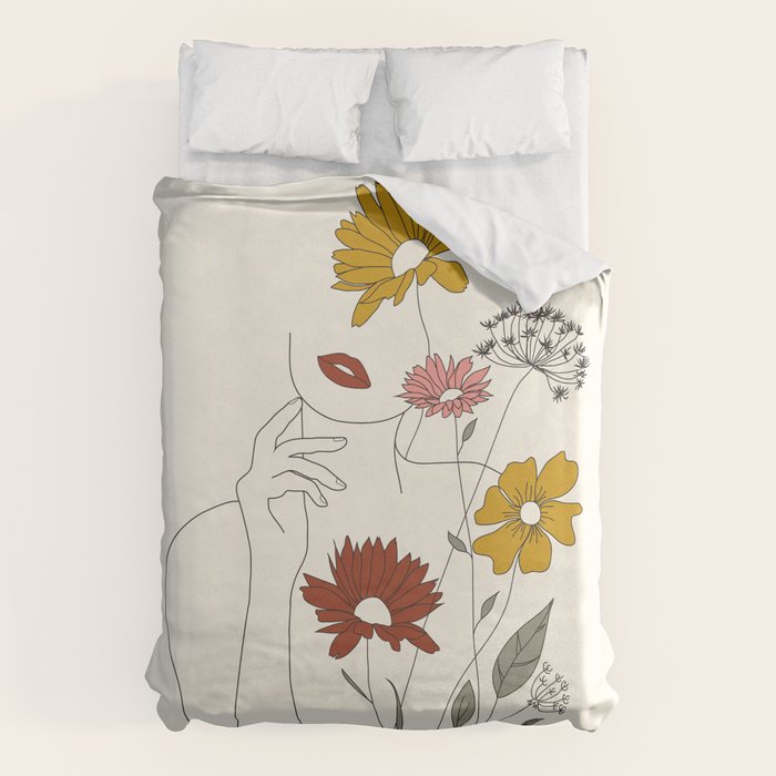 Colorful Thoughts Minimal Line Art Woman with Flowers III Duvet Cover Gallery Image 6