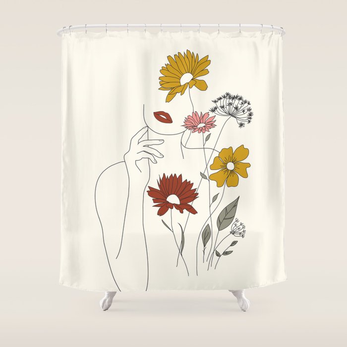 Colorful Thoughts Minimal Line Art Woman with Flowers III Shower Curtain Gallery Image 1
