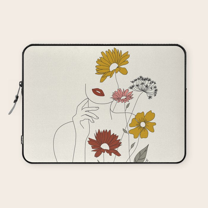 Colorful Thoughts Minimal Line Art Woman with Flowers III Laptop Sleeve Gallery Image 1