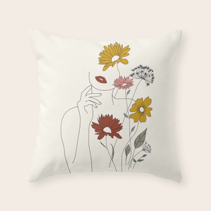 Colorful Thoughts Minimal Line Art Woman with Flowers III Throw Pillow Gallery Image 1