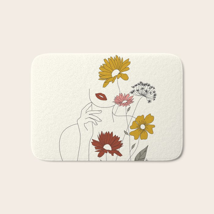 Colorful Thoughts Minimal Line Art Woman with Flowers III Bath Mat Gallery Image 1
