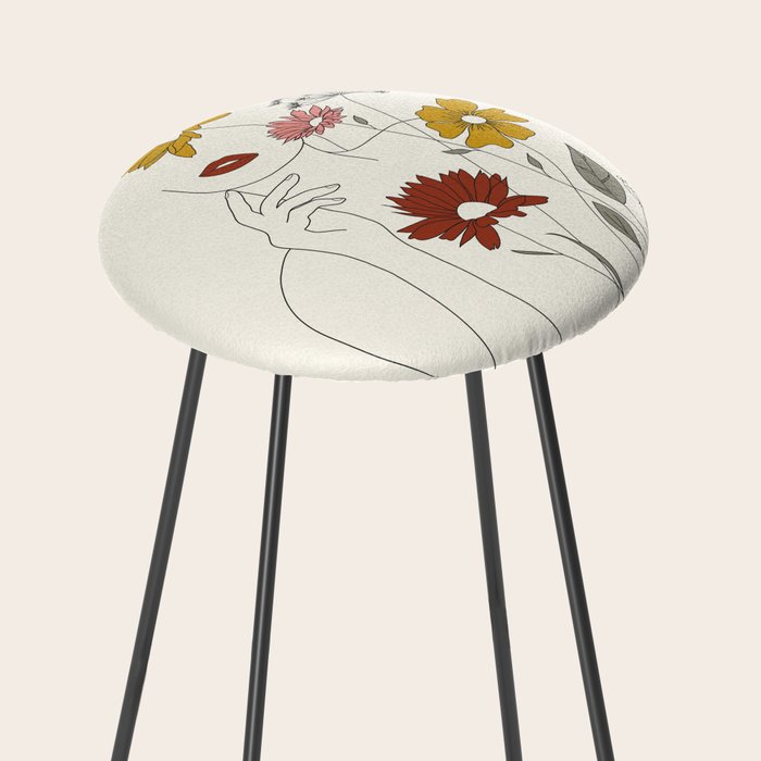 Colorful Thoughts Minimal Line Art Woman with Flowers III Stool Gallery Image 2