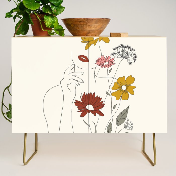 Colorful Thoughts Minimal Line Art Woman with Flowers III Credenza Gallery Image 1