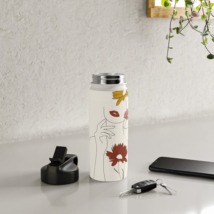 Colorful Thoughts Minimal Line Art Woman with Flowers III Water Bottle Gallery Image 5