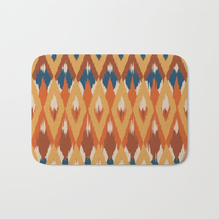 Boho Art, Geometric, Ikat Pattern, Blue, Orange, Yellow Bath Mat Gallery Image 1
