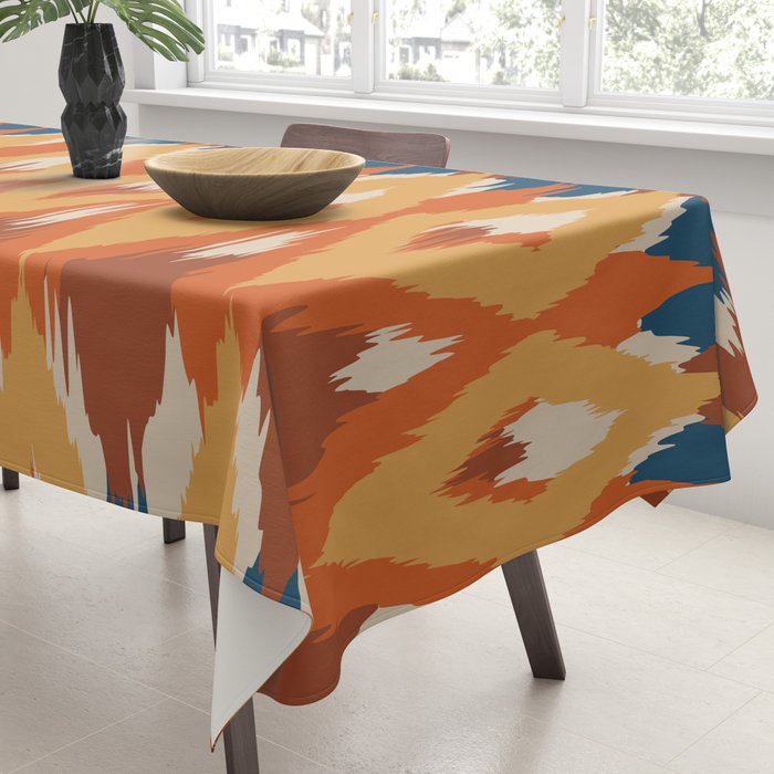 Boho Art, Geometric, Ikat Pattern, Blue, Orange, Yellow Tablecloth Gallery Image 3