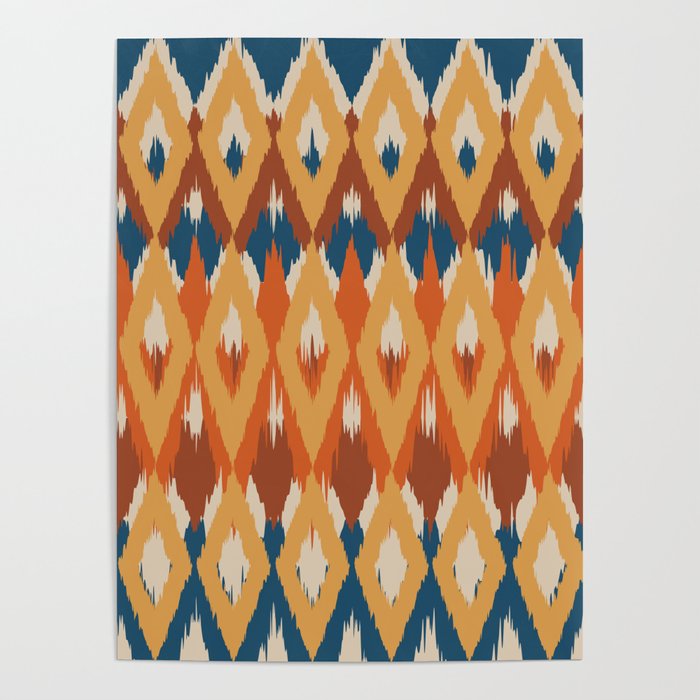 Boho Art, Geometric, Ikat Pattern, Blue, Orange, Yellow Poster Gallery Image 4