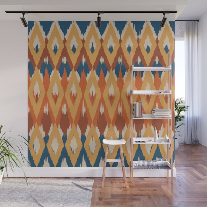 Boho Art, Geometric, Ikat Pattern, Blue, Orange, Yellow Wall Mural Gallery Image 1