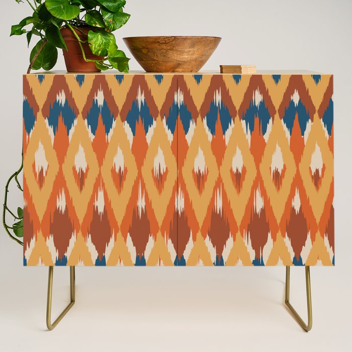 Boho Art, Geometric, Ikat Pattern, Blue, Orange, Yellow Credenza Gallery Image 1