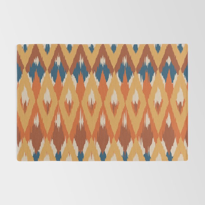 Boho Art, Geometric, Ikat Pattern, Blue, Orange, Yellow Rug Gallery Image 2