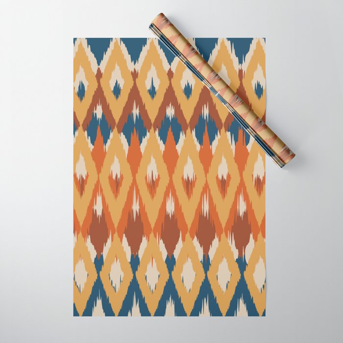 Boho Art, Geometric, Ikat Pattern, Blue, Orange, Yellow Wrapping Paper Gallery Image 1