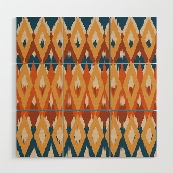 Boho Art, Geometric, Ikat Pattern, Blue, Orange, Yellow Wood Wall Art Gallery Image 1