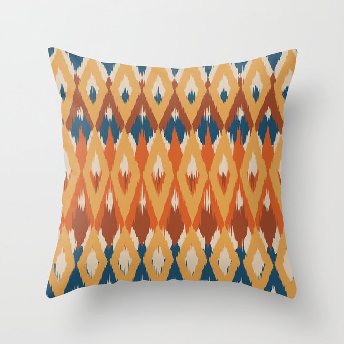 Boho Art, Geometric, Ikat Pattern, Blue, Orange, Yellow Throw Pillow Gallery Image 1