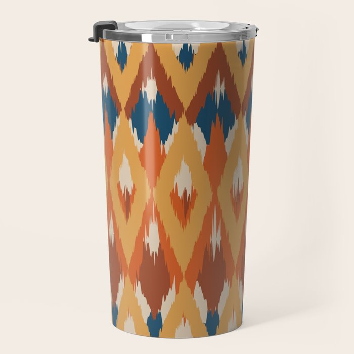 Boho Art, Geometric, Ikat Pattern, Blue, Orange, Yellow Travel Mug Gallery Image 3