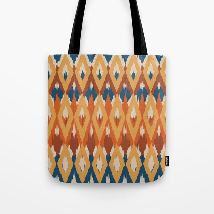Boho Art, Geometric, Ikat Pattern, Blue, Orange, Yellow Tote Bag Gallery Image 1