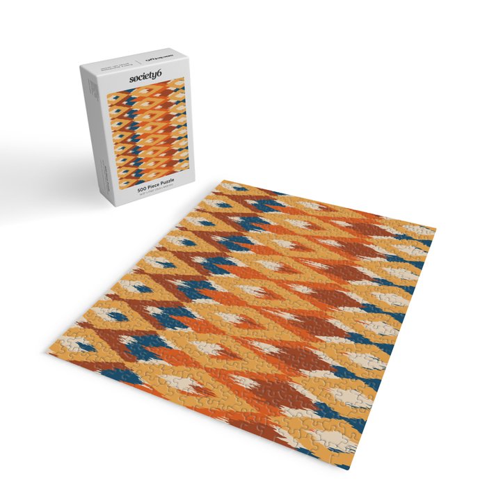 Boho Art, Geometric, Ikat Pattern, Blue, Orange, Yellow Jigsaw Puzzle Gallery Image 2