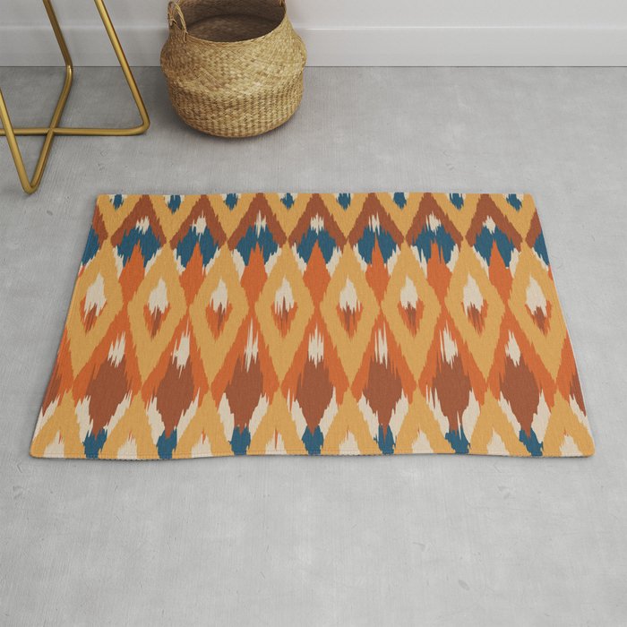 Boho Art, Geometric, Ikat Pattern, Blue, Orange, Yellow Rug Gallery Image 1