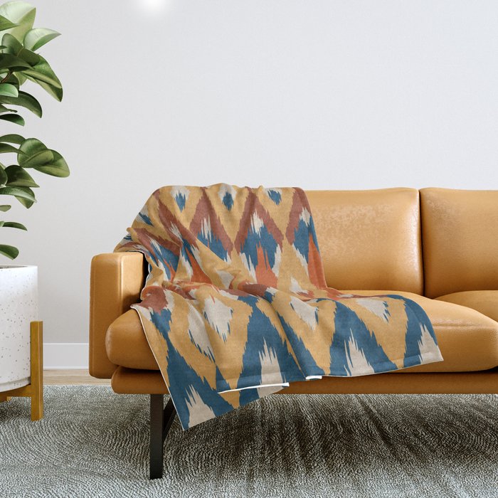 Boho Art, Geometric, Ikat Pattern, Blue, Orange, Yellow Throw Blanket Gallery Image 1