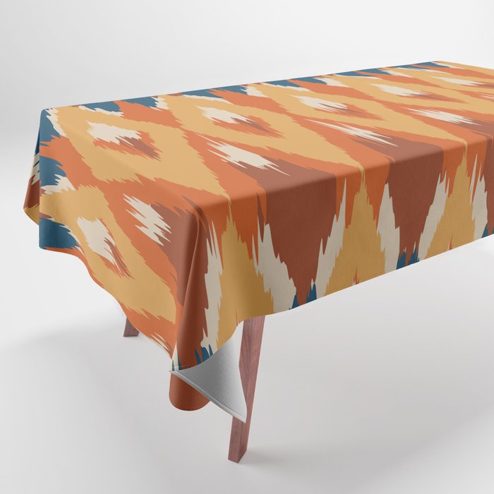 Boho Art, Geometric, Ikat Pattern, Blue, Orange, Yellow Tablecloth Gallery Image 1