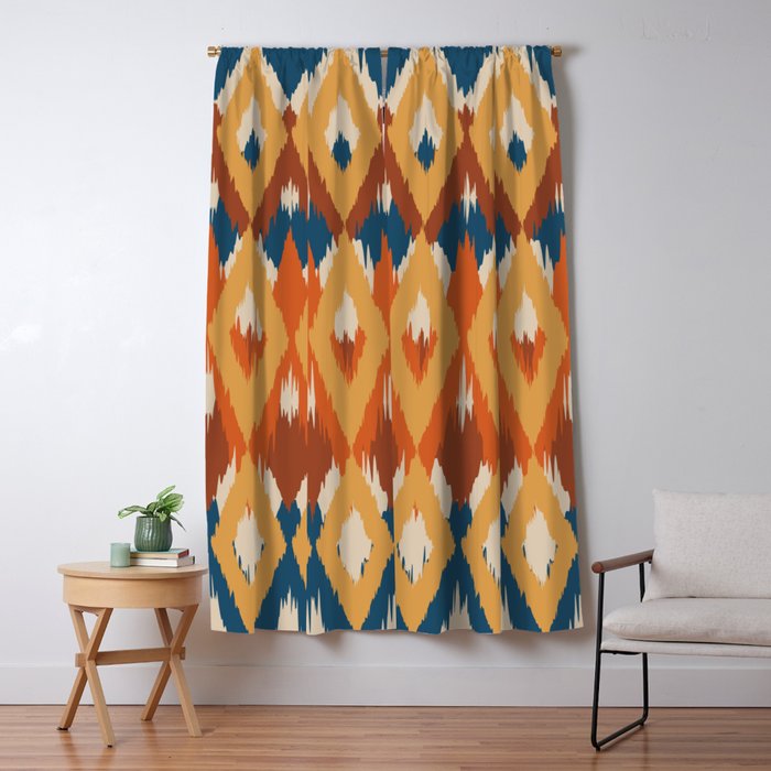 Boho Art, Geometric, Ikat Pattern, Blue, Orange, Yellow Window Curtain Gallery Image 1
