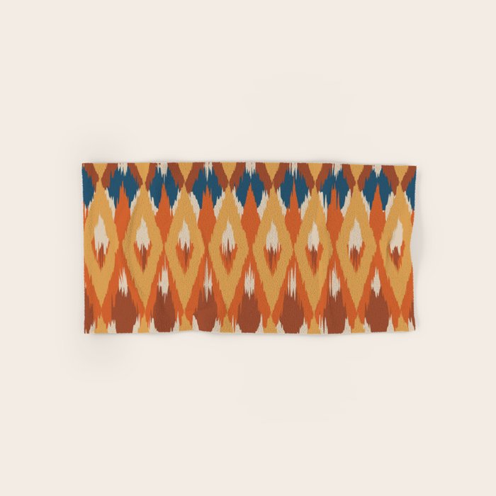 Boho Art, Geometric, Ikat Pattern, Blue, Orange, Yellow Bath Towel Gallery Image 1