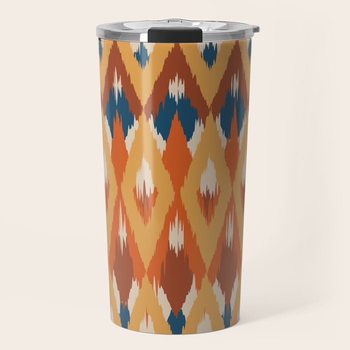 Boho Art, Geometric, Ikat Pattern, Blue, Orange, Yellow Travel Mug Gallery Image 1