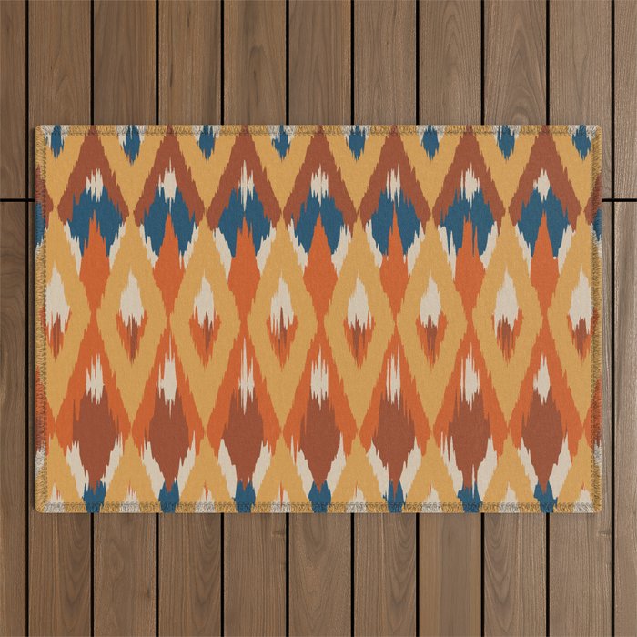 Boho Art, Geometric, Ikat Pattern, Blue, Orange, Yellow Outdoor Rug Gallery Image 1