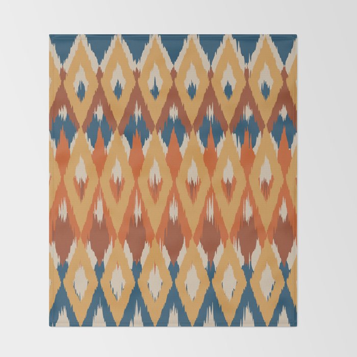 Boho Art, Geometric, Ikat Pattern, Blue, Orange, Yellow Throw Blanket Gallery Image 2