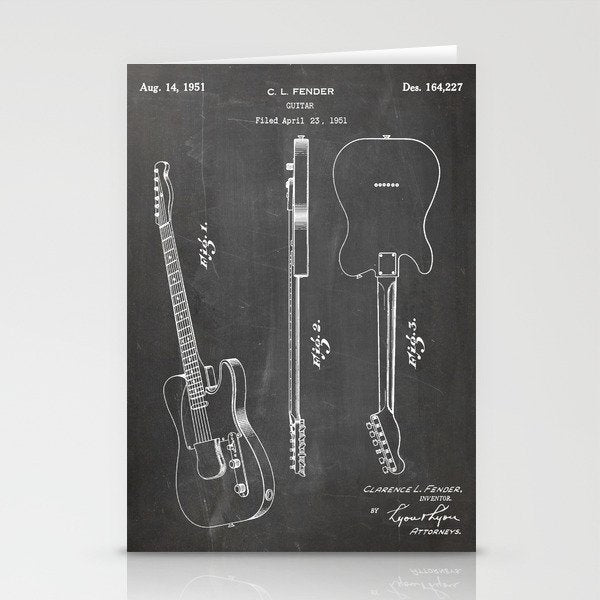Electric Guitar Patent - Guitar Player Art - Black Chalkboard Stationery Card Gallery Image 1