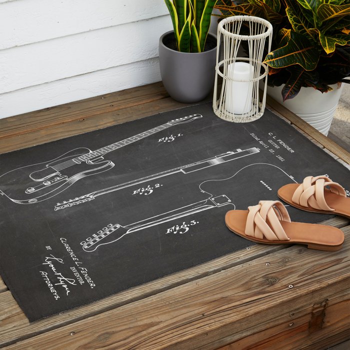Electric Guitar Patent - Guitar Player Art - Black Chalkboard Outdoor Rug Gallery Image 2