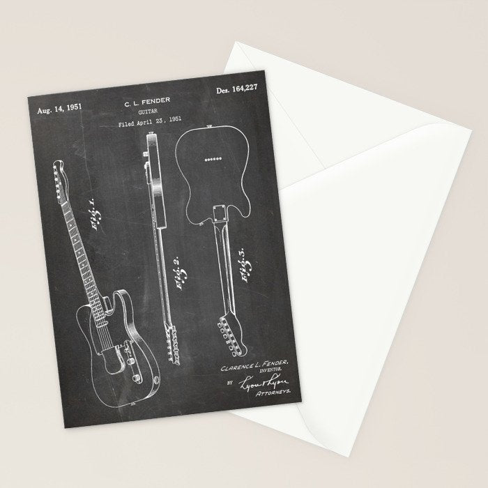 Electric Guitar Patent - Guitar Player Art - Black Chalkboard Stationery Card Gallery Image 2