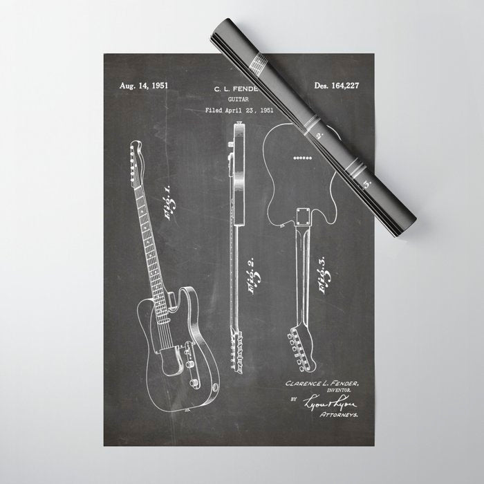 Electric Guitar Patent - Guitar Player Art - Black Chalkboard Wrapping Paper Gallery Image 1