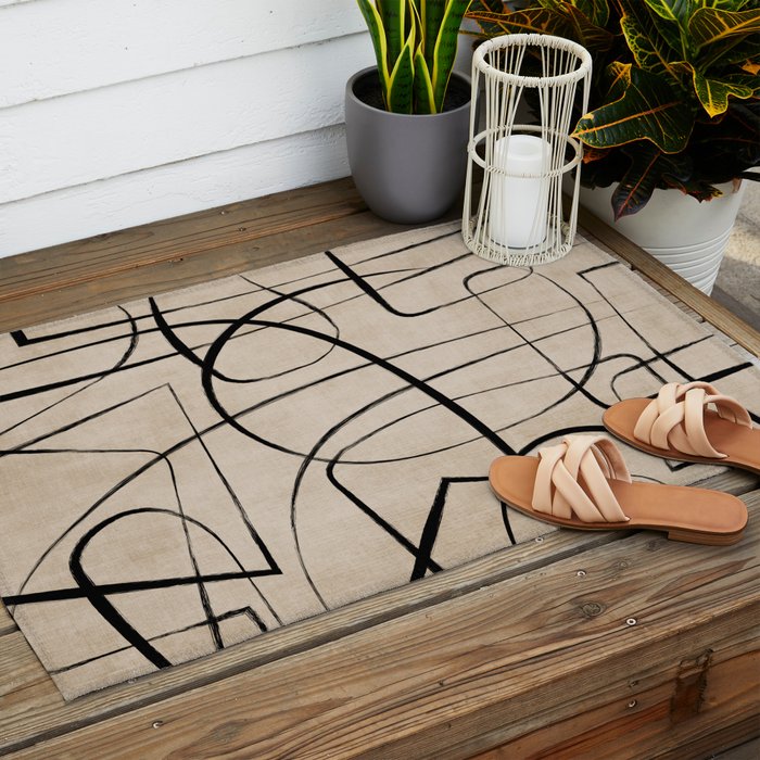 Black Beige Abstract Line Art Rich Texture Outdoor Rug Gallery Image 2