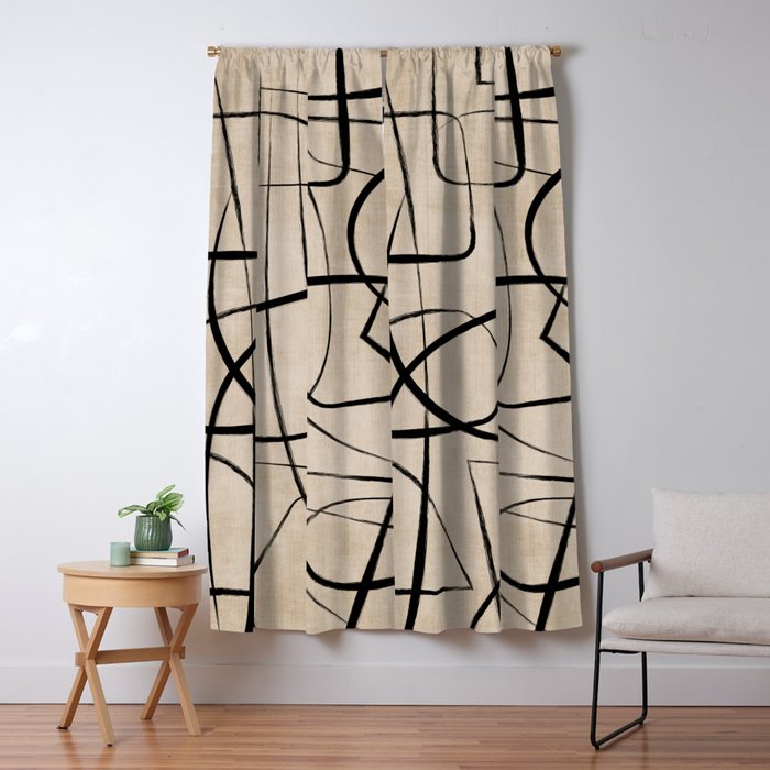 Black Beige Abstract Line Art Rich Texture Window Curtain Gallery Image 5
