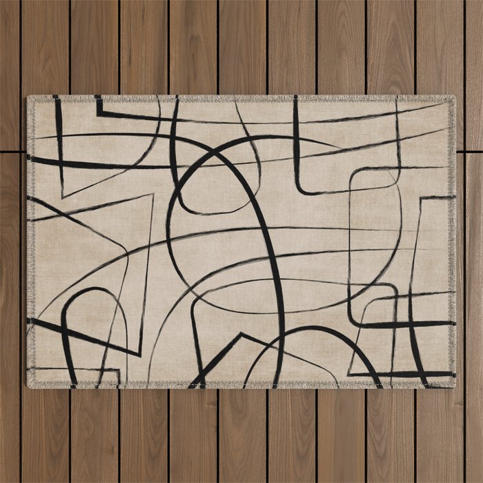 Black Beige Abstract Line Art Rich Texture Outdoor Rug Gallery Image 1