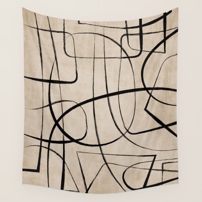 Black Beige Abstract Line Art Rich Texture Wall Tapestry Gallery Image 1