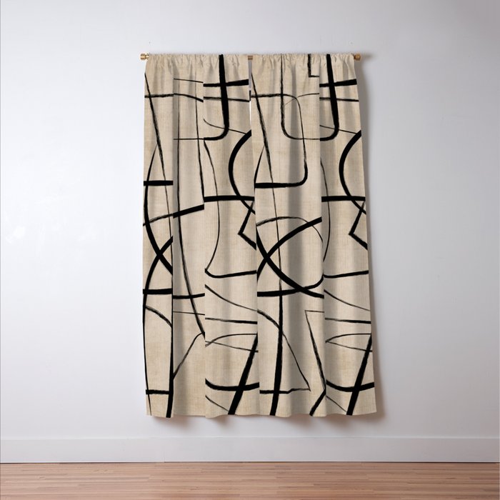 Black Beige Abstract Line Art Rich Texture Window Curtain Gallery Image 3