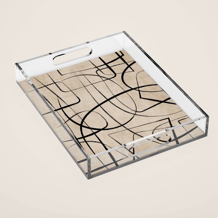 Black Beige Abstract Line Art Rich Texture Acrylic Tray Gallery Image 1