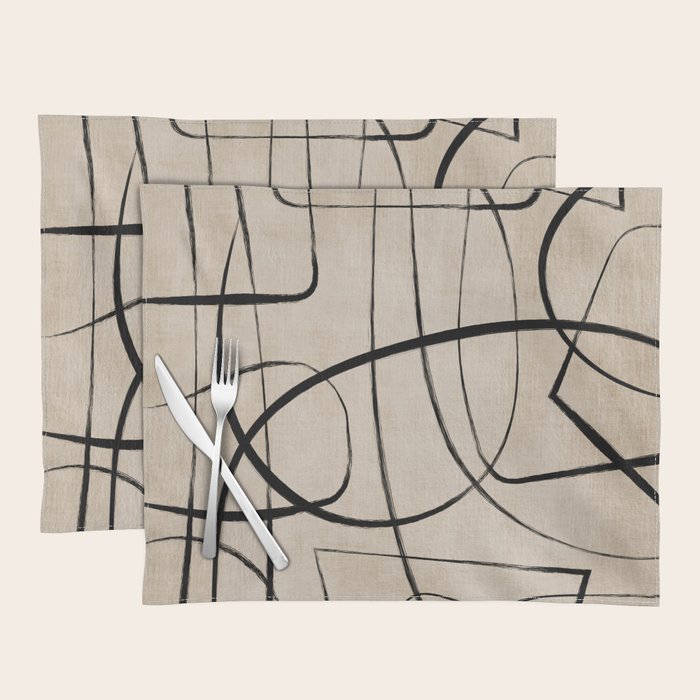 Black Beige Abstract Line Art Rich Texture Placemat Gallery Image 1