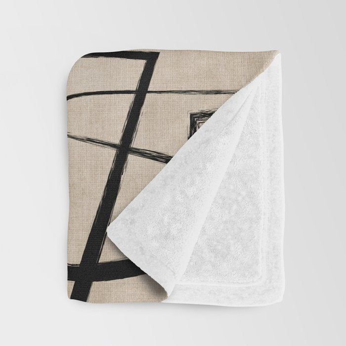 Black Beige Abstract Line Art Rich Texture Throw Blanket Gallery Image 3