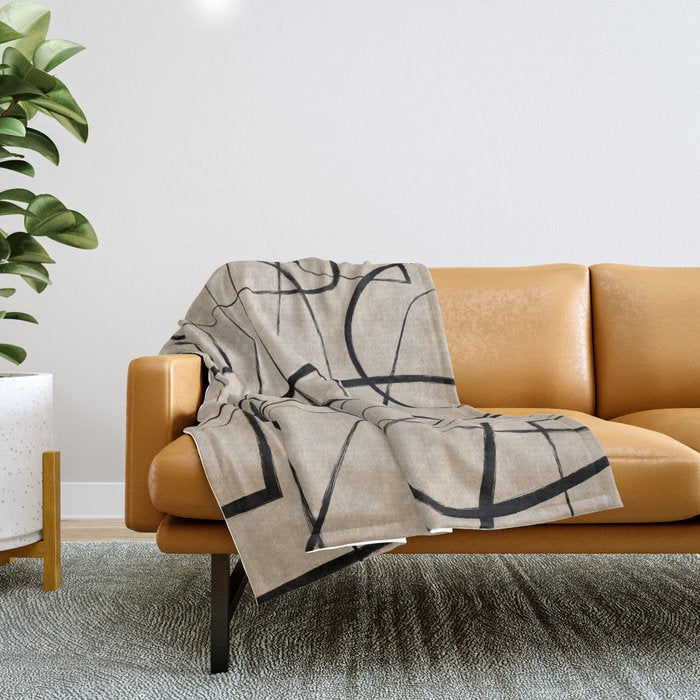 Black Beige Abstract Line Art Rich Texture Throw Blanket Gallery Image 1