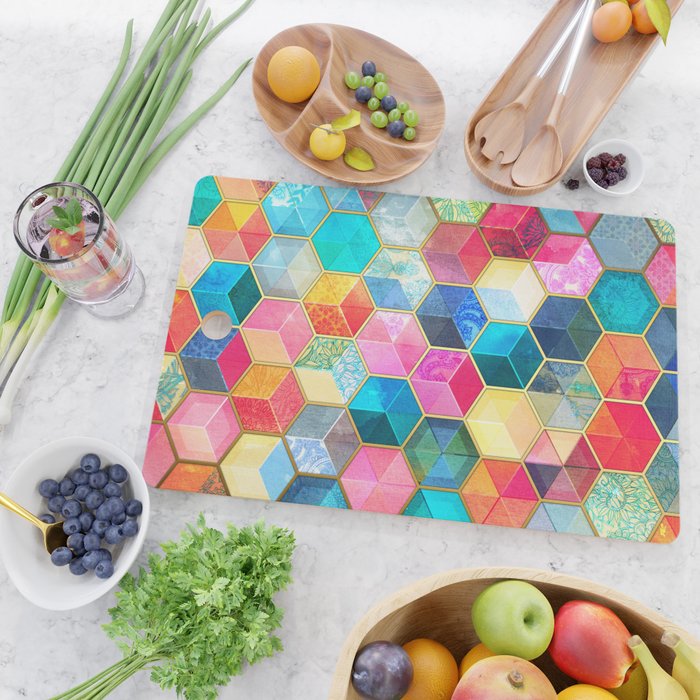 Crystal Bohemian Honeycomb Cubes - colorful hexagon pattern Cutting Board Gallery Image 2