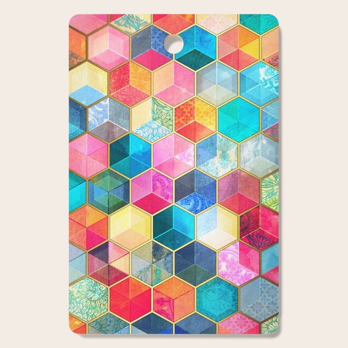 Crystal Bohemian Honeycomb Cubes - colorful hexagon pattern Cutting Board Gallery Image 1
