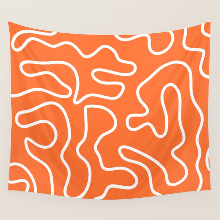 Squiggle Maze Minimalist Abstract Pattern in Orange and White Wall Tapestry Gallery Image 1