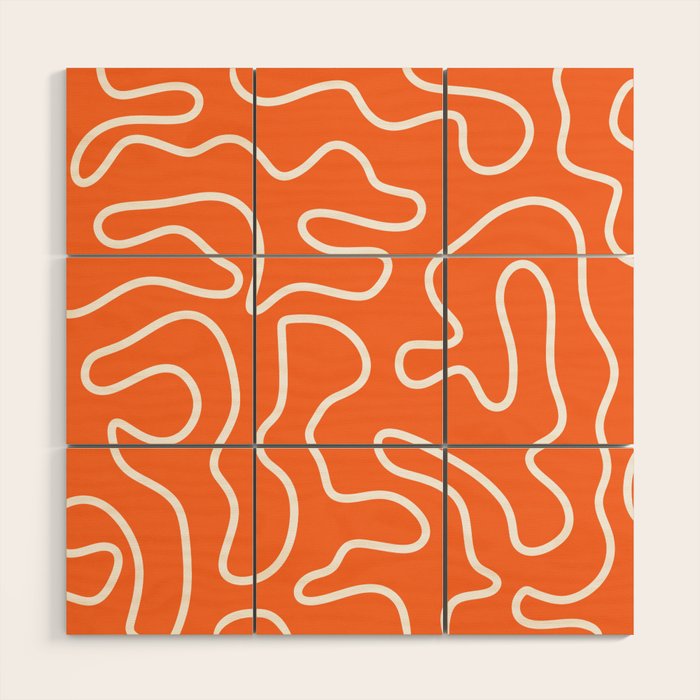 Squiggle Maze Minimalist Abstract Pattern in Orange and White Wood Wall Art Gallery Image 1